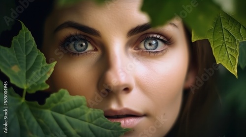 Beautiful eyes woman behind leaves. Generative AI.