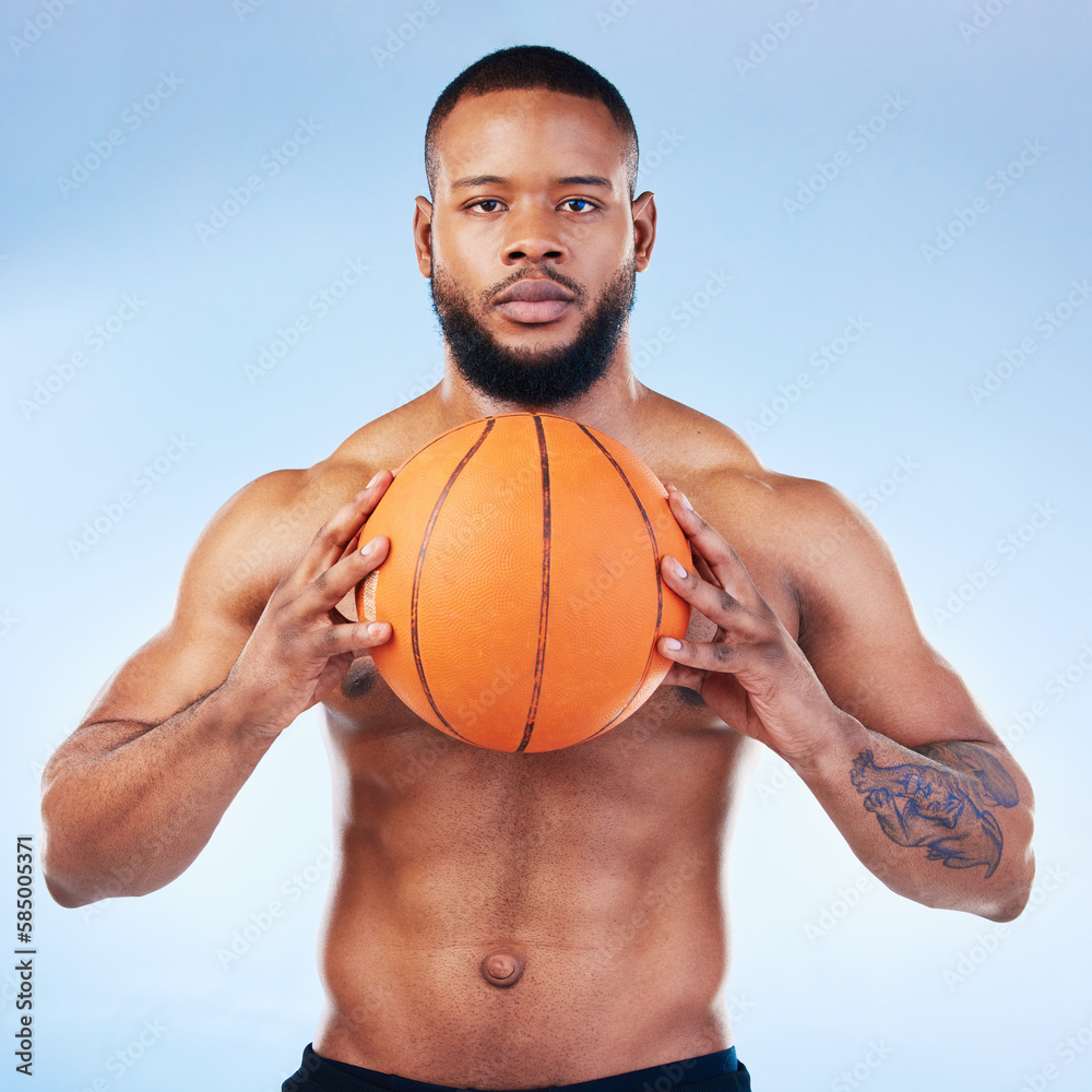 Basketball, sports and portrait of black man in studio serious face for fitness, exercise and training. Sport mockup, motivation and male athlete focus with ball for playing, workout and practice Basketball, sports and portrait of black man in studio serious face for fitness, exercise and training. Sport mockup, motivation and male athlete focus with ball for playing, workout and practice