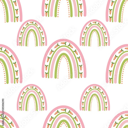 Easter rainbow with carrots and hearts seamless pattern isolated on white background. Baby shower decoration,greeting cards,wrapping papers, etc.