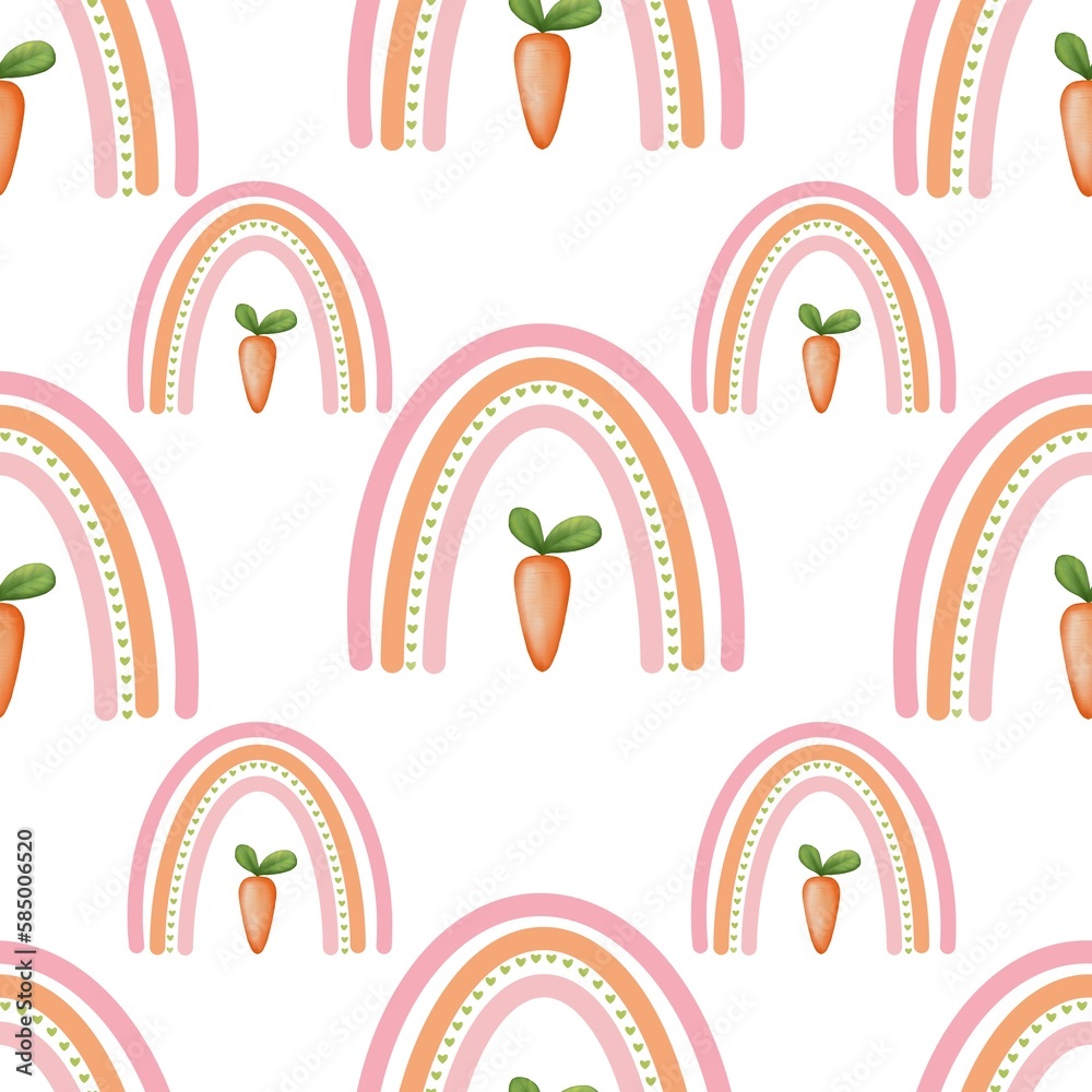 Boho rainbow seamless pattern with carrot. Easter rainbow illustration isolated on white background. Boho rainbow seamless pattern with carrot. Easter rainbow illustration isolated on white background.