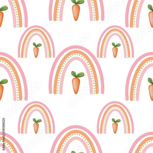 Boho rainbow seamless pattern with carrot. Easter rainbow illustration isolated on white background.