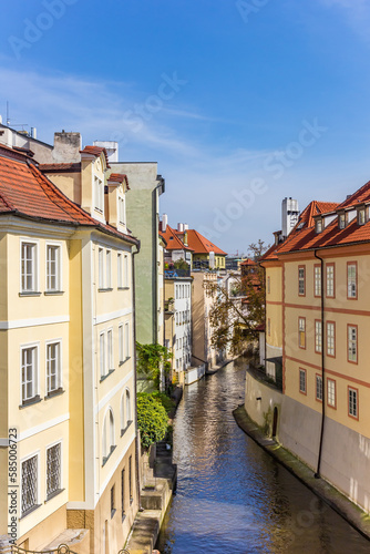 Historic houses at the narrow Certovka canal in Prague, Czech Republic