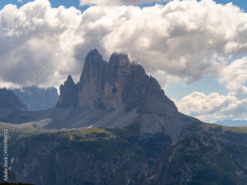 Amazing aerial view of the wonderful 3 Cime di Lavaredo. View from the Prato Piazza. Dolomites in Italy. Wonderful nature contest. Alpine landscape. Western Alps. Summer time