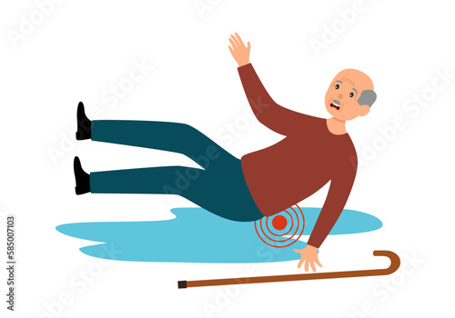 Elderly woman slip fall on wet floor in flat design on white background. Caution wet floor.