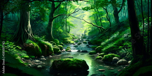 Peaceful stream flowing through a lush green forest Generative AI