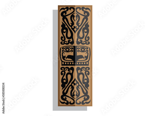 vector design of a wooden board or shield of the Biak tribe in West Papua which is commonly used as a tool of war in the shape of a brown rectangle filled with carvings or traditional symbols of the B