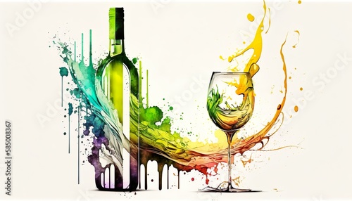 A white wine bottle and a glass of white wine with motion, abstract watercolor illustration. Generative AI