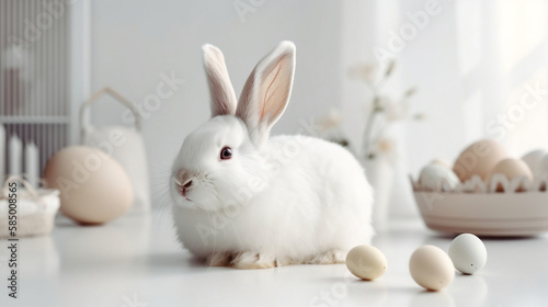 Cute white and fluffy easter bunny with easter eggs laying beside the bunny