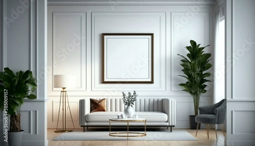 Modern interior design mockup poster blank white frame. Generative Ai. © 121icons