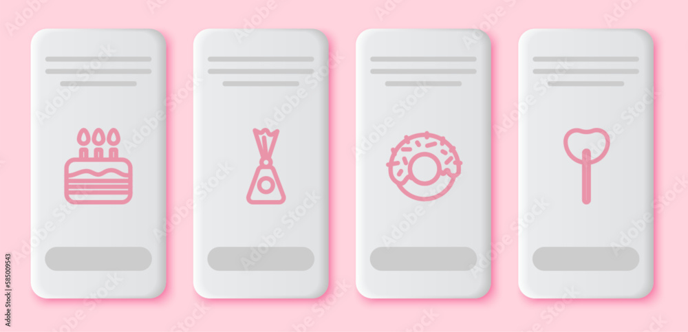 Set line Cake with burning candles, Candy, Donut and Lollipop. White rectangle button. Vector Set line Cake with burning candles, Candy, Donut and Lollipop. White rectangle button. Vector