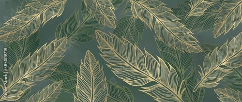 Stylish luxury vector illustration with golden feathers on a green background for decor, covers, backgrounds, presentations and wallpapers