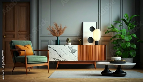 Modern interior of living room with wooden sideboard. Generative Ai.