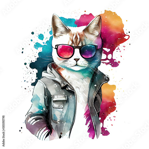 Watercolor cute cat, cool superstar cartoon animal character. Isolated white, transparent background. Generative AI