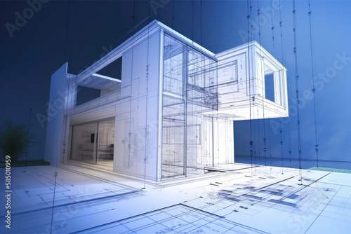 Plan et rendu d'ensemble 3D d'un bâtiment moderne et design, projet d'architecte © sebastien jouve