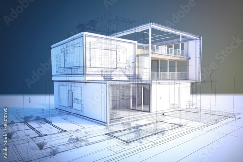 Plan et rendu d'ensemble 3D d'un bâtiment moderne et design, projet d'architecte © Sébastien Jouve