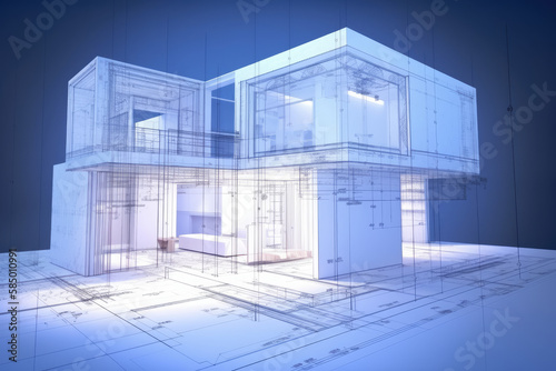 Plan et rendu d'ensemble 3D d'un bâtiment moderne et design, projet d'architecte