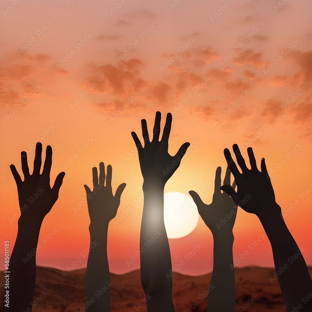 silhouettes of hands reaching out for hope and supporting each other against a sunset background.