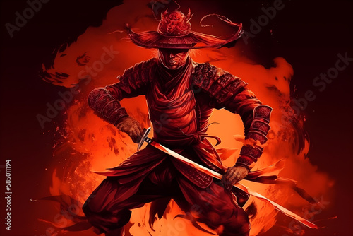a samurai in a demonic red mask on a battlefield