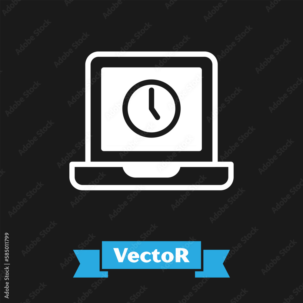 White Laptop time icon isolated on black background. Computer notebook with empty screen sign. Vector