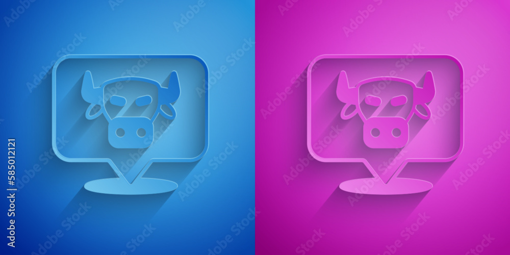 Paper cut Cow head icon isolated on blue and purple background. Paper art style. Vector Paper cut Cow head icon isolated on blue and purple background. Paper art style. Vector