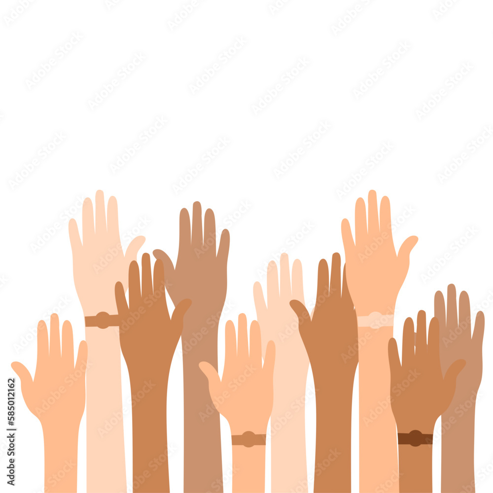 hands up to vote, with various types of hand skin.