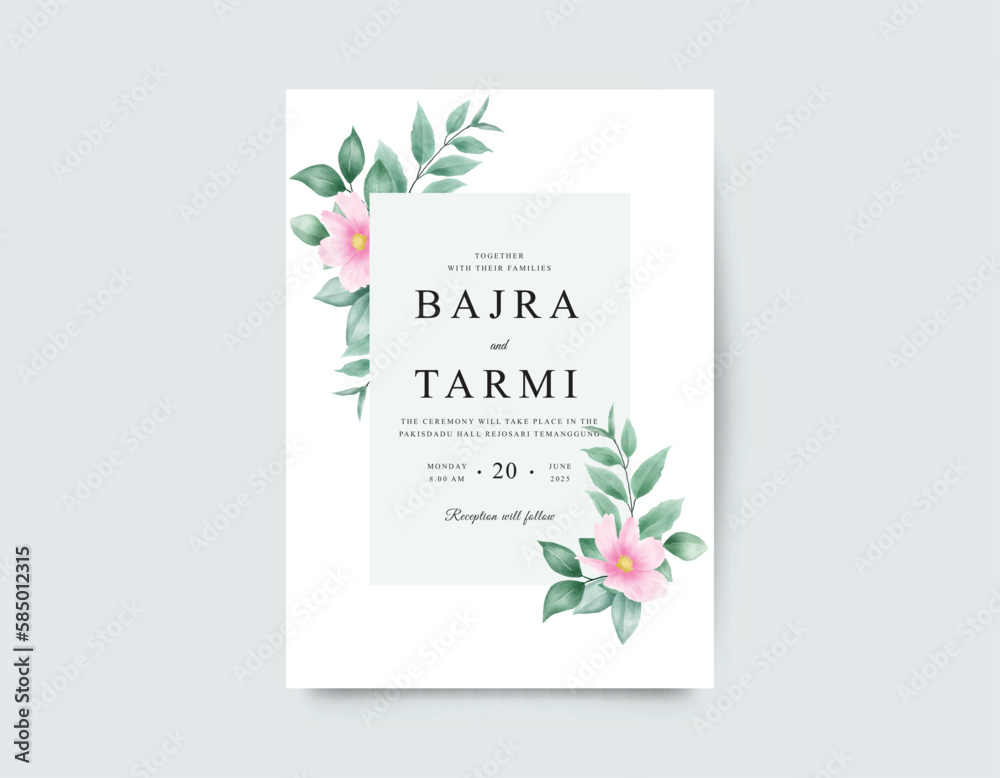 Wedding invitation card with flowers and leaves