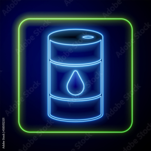 Glowing neon Barrel oil icon isolated on blue background. Vector