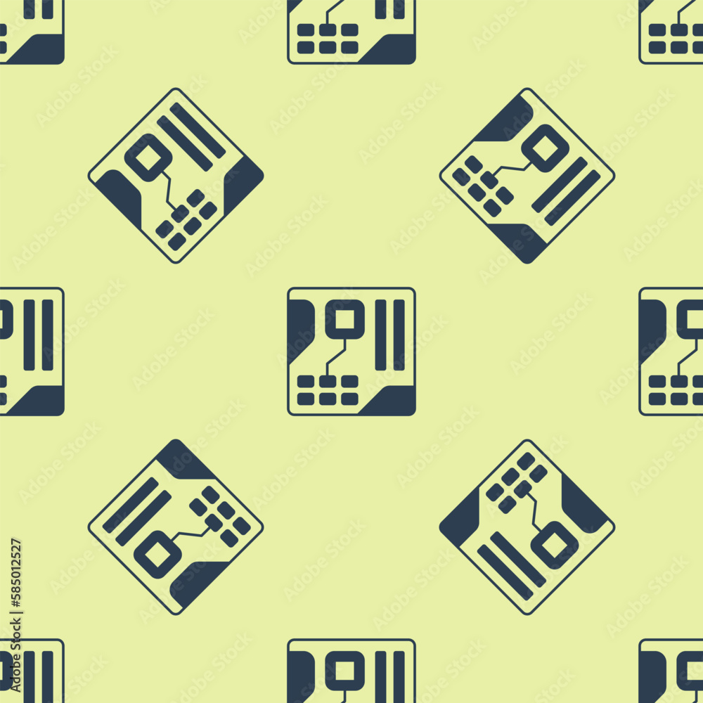 Blue Electronic computer components motherboard digital chip integrated science icon isolated seamless pattern on yellow background. Circuit board. Vector Blue Electronic computer components motherboard digital chip integrated science icon isolated seamless pattern on yellow background. Circuit board. Vector