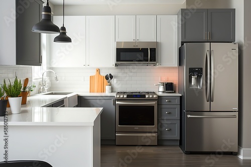A minimalist kitchen with stainless steel appliances and countertops. Generative Ai.