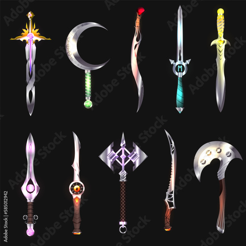 Collection of decoration weapon for games. UI magic old defense armor badge. Set of medieval cartoon swords.