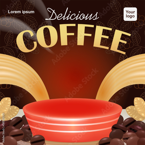 Deslicous Coffee, 3d vector podium background with coffee bean ornament. Can be used for product background