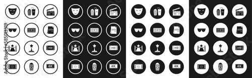 Set Movie clapper, VHS video cassette tape, Comedy and tragedy theatrical masks, Scenario, Popcorn soda drink glass, 4k movie, frame and Carpet with barriers star icon. Vector