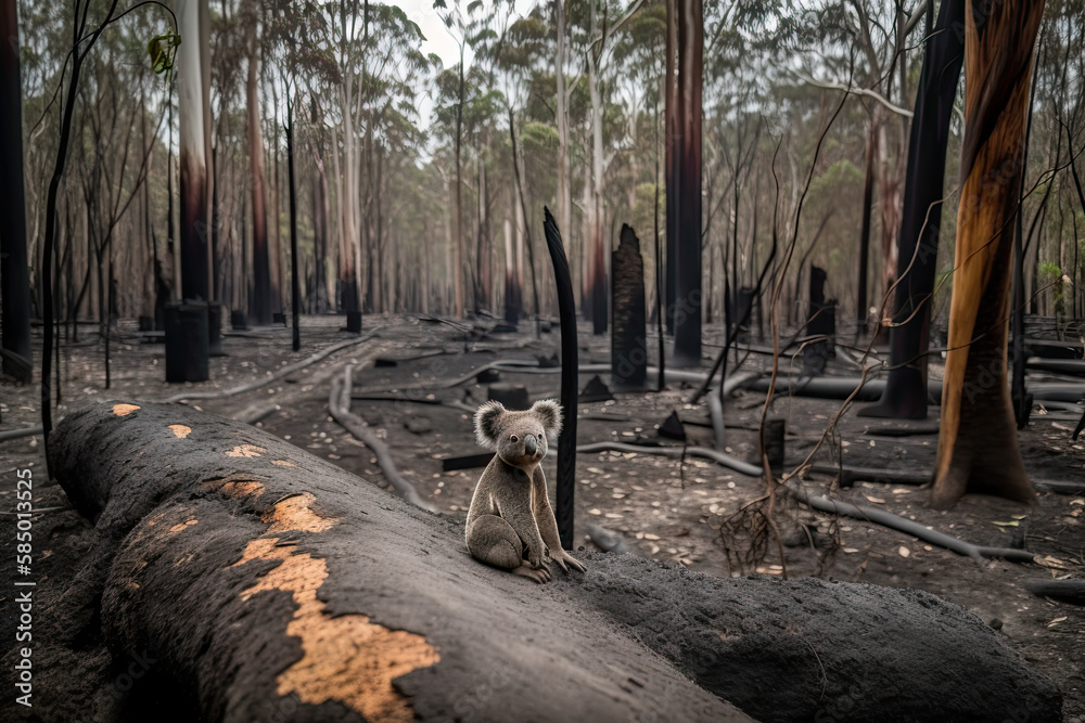 Fototapeta premium Wildlife koala needing rescue after forest fire, generated AI, generated, AI