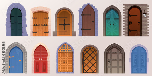 Cartoon set of medieval castle doors on white. Vector cartoon set of entrance in vintage house, castle or temple. Colored ancient doors from wood planks isolated