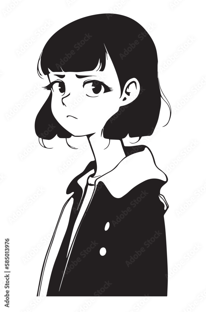 Cute school anime girl. Vector drawing of japanese cartoon character. Manga art of teen woman displaying emotions. Funny sad and angry lady. Beautiful anime. Comic eyes. Artwork illustration of head. Cute school anime girl. Vector drawing of japanese cartoon character. Manga art of teen woman displaying emotions. Funny sad and angry lady. Beautiful anime. Comic eyes. Artwork illustration of head.