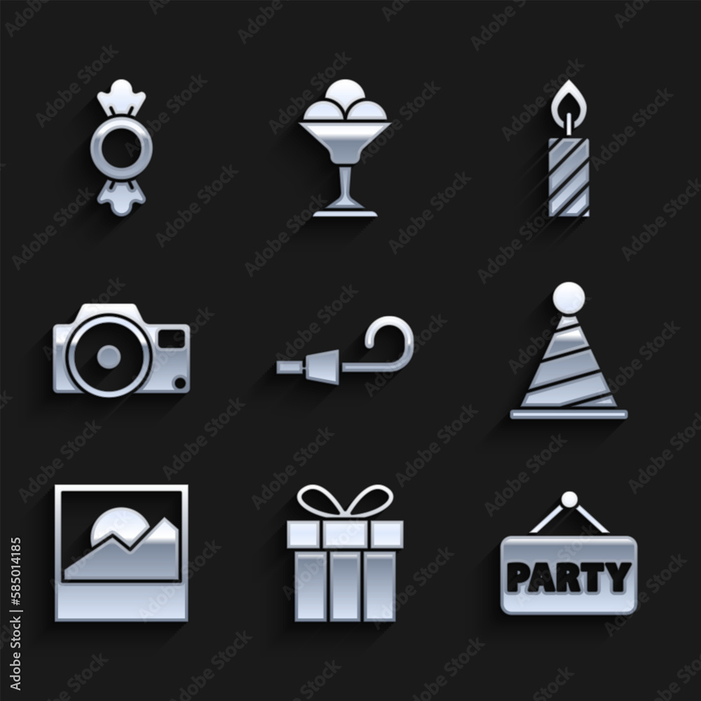 Set Birthday party horn, Gift box, Signboard, Party hat, Photo, camera, cake candles and Candy icon. Vector