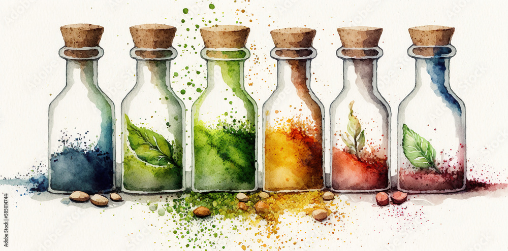 spice jars with cork. Colorful spices like pepper, curry, sweet pepper, basil and cheyenne, abstract watercolor illustration. Generative AI