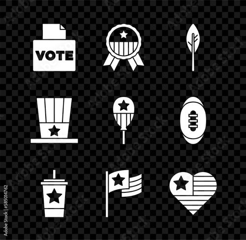 Set Vote box, Medal with star, Indian feather, Paper glass straw, American flag, USA Independence day, Patriotic top hat and Balloons icon. Vector