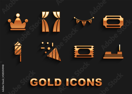 Set Festive confetti, Circus ticket, Bumper car, Firework rocket, Carnival garland with flags, Jester hat bells and curtain raises icon. Vector