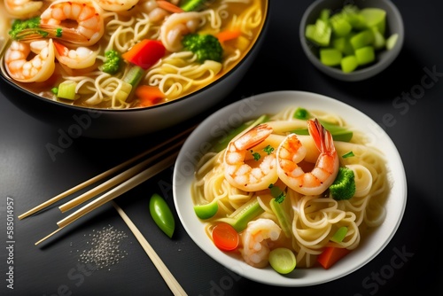 A bowl of noodles with shrimp and vegetables