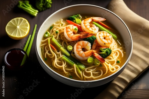 A bowl of noodles with shrimp and vegetables