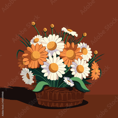 Beautiful Daisies Bouquet In Basket On Umber Background.