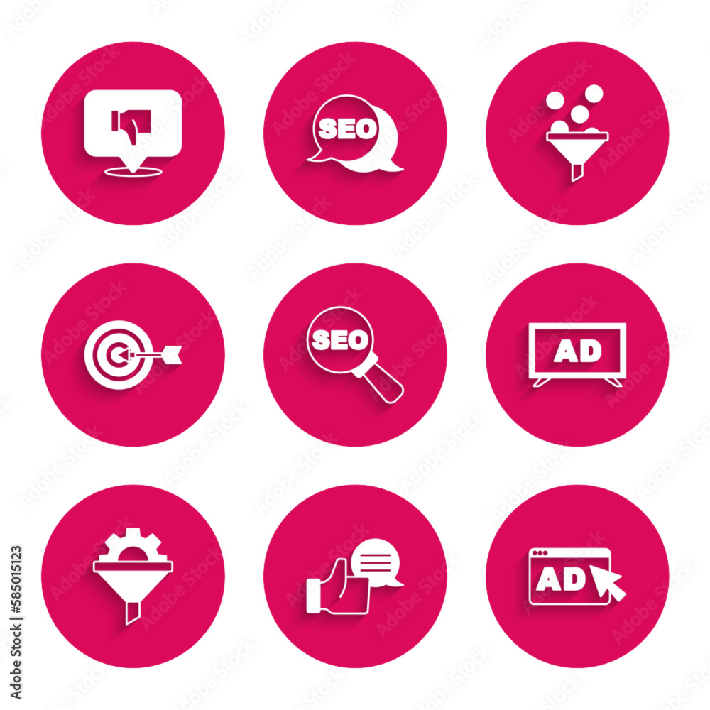 Set SEO optimization, Customer product rating, Advertising, Sales funnel with gear, Target, Lead management and Dislike speech bubble icon. Vector