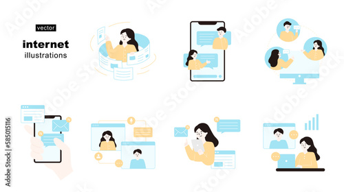 Business on internet flat illustration set.