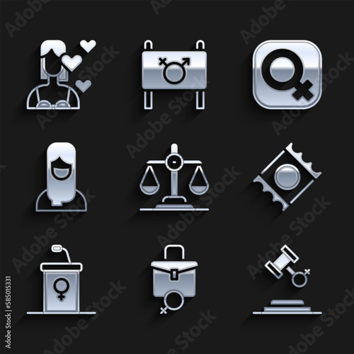 Set Gender equality, Work for female, Female rights, Condom in package, Debate podium rostrum, Muslim woman hijab, gender and Love yourself icon. Vector