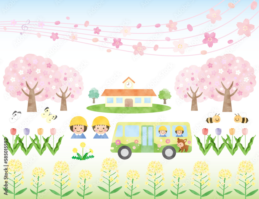 春の花と幼稚園のイラスト素材