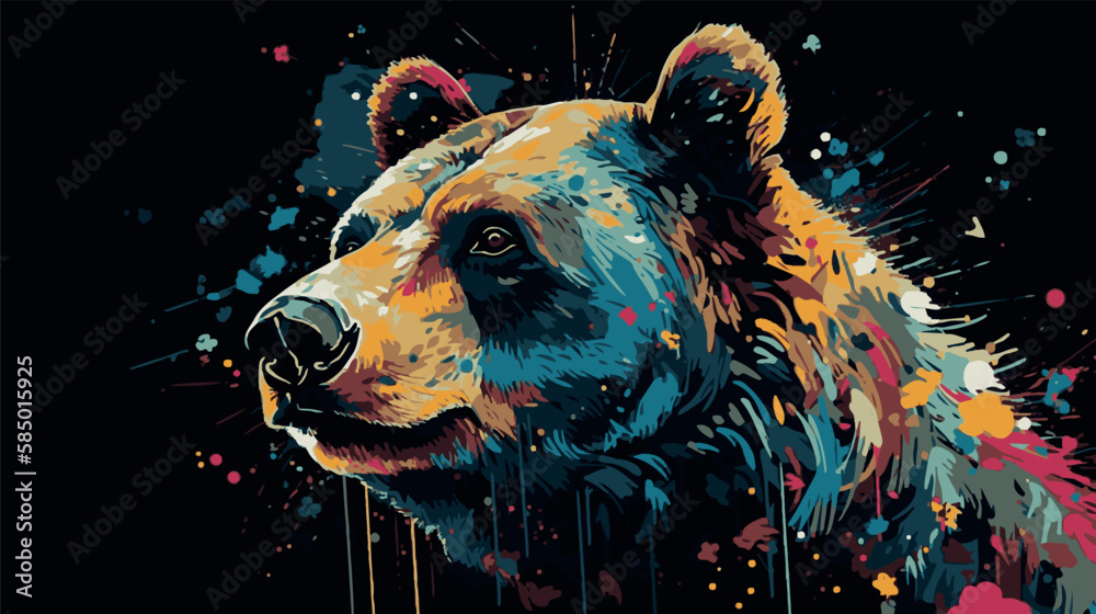 Vecteur Stock Colorful painting of bear. Vector graphic art of multicolored  grizzly. Artwork poster of wildlife. Modern portrait decoration. Graffiti  style print with paint splatter. Rainbow color cartoon sketch