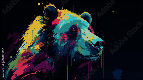 Colorful painting of bear. Vector graphic art of multicolored grizzly. Artwork poster of wildlife. Modern portrait decoration. Graffiti style  print with paint splatter. Rainbow color cartoon sketch
