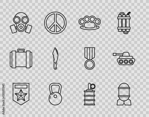 Set line Chevron, Aviation bomb, Brass knuckles, Kettlebell, Gas mask, Military knife, Hand grenade and tank icon. Vector