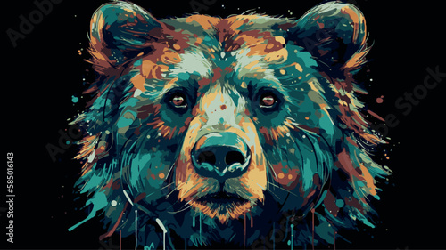 Colorful painting of bear. Vector graphic art of multicolored grizzly. Artwork poster of wildlife. Modern portrait decoration. Graffiti style  print with paint splatter. Rainbow color cartoon sketch